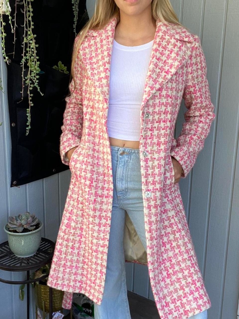 Vintage y2k Bebe pink tweed coat with belt
